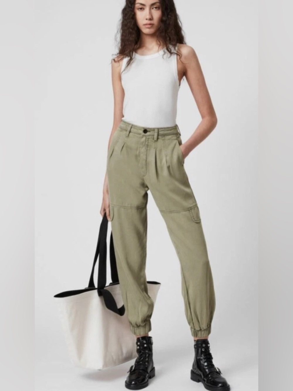 AllSaints Womens Lira Khaki Green Utility Cargo Jogger Trousers Size 2
